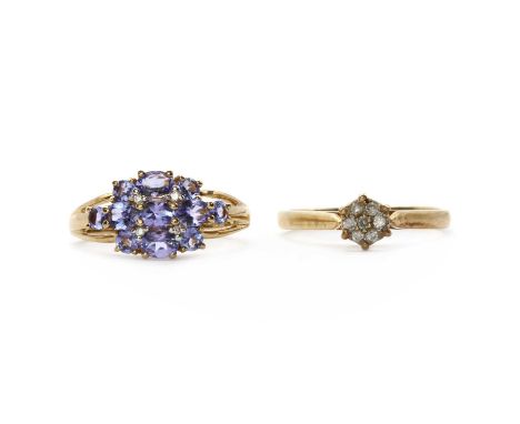 Two gold rings,comprising a 9ct gold tanzanite and diamond cluster ring, Birmingham 2010, and a gold diamond cluster ring, te