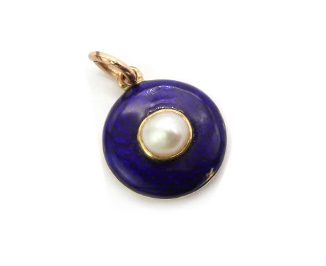 A gold split pearl and enamel pendant,a split pearl, rub set to a royal blue enamel ground, to jump ring, tested as approxima