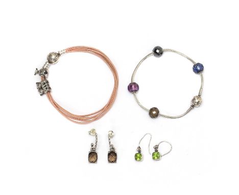 A collection of silver and costume jewellery, to include a silver Pandora bracelet with charms, a Pandora cord bracelet with 