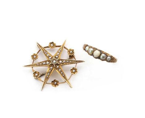 A gold split pearl set star brooch, tested as approximately 9ct gold with metal pin, 3.43g, together with a gold five stone s