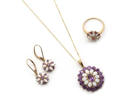 A collection of gold jewellery,comprising a 9ct gold amethyst and opal pendant, Birmingham 2004, suspended on a gold curb cha