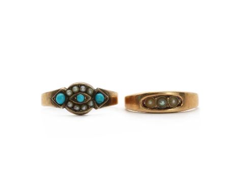 Two gold rings, comprising a gold turquoise and split pearl ring, marked 10c, 1.64g, and a gold three stone split pearl ring,