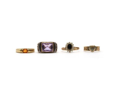 Three gold rings, comprising a 9ct gold single stone orange sapphire ring, Birmingham, a 9ct gold sapphire and cubic zirconia