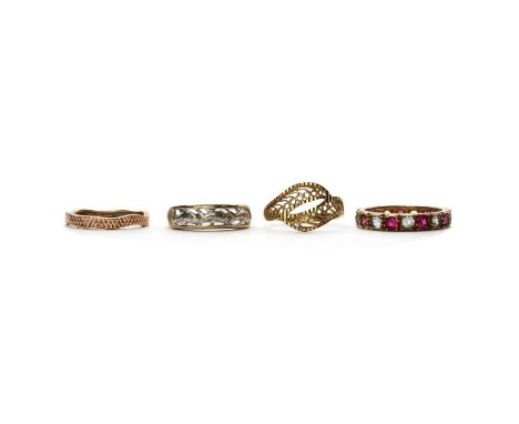 Four gold rings,comprising a 9ct gold synthetic ruby and synthetic spinel eternity ring, London 1970, a 9ct gold filigree cro