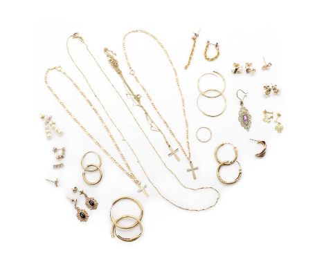 A collection of gold jewellery, to include two gold cross and chains, a pair of cultured freshwater pearl drop earrings, a pa