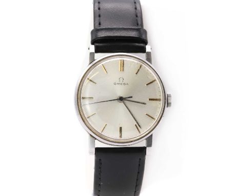 A stainless steel Omega mechanical strap watch, c.1939,32.50mm diameter with a silvered dial, baton hour markers, and blued c