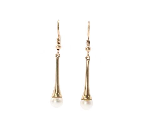 A pair of gold cultured pearl drop earrings, a cultured pearl, approximately 6.6mm, to a tapering cap, with hook fittings, te