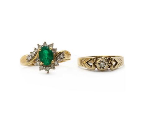 Two gold rings,comprising an 18ct gold synthetic emerald and diamond ring, Birmingham, 3.58g, and a 9ct gold single stone dia