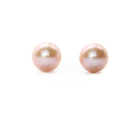 A pair of gold cultured freshwater pearl stud earrings,a pale peach/pink cultured freshwater pearl, approximately 9.2-9.4mm, 