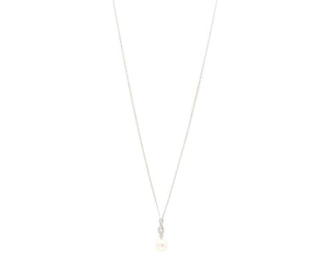 A white gold cultured freshwater pearl and diamond pendant,with a cultured freshwater pearl, 8.80mm in size, peg set, to an o