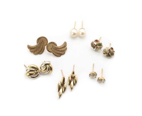 Six pairs of gold earrings,comprising a pair of 9ct three colour gold knot stud earrings, a pair of gold single stone cubic z