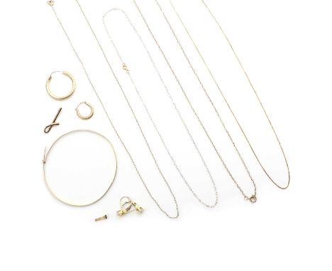 A collection of gold jewellery,comprising a 9ct gold adjustable bangle, one end snapped off, Birmingham 1984, a gold curb lin