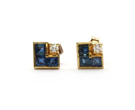 A pair of 18ct gold sapphire and diamond stud earrings, of square form, claw set with a brilliant cut diamond and rub set wit