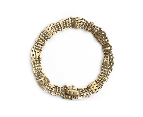 A 9ct gold gate bracelet,a four row gate bracelet with plain and crimped links, to a concealed box clasp and figure of eight 