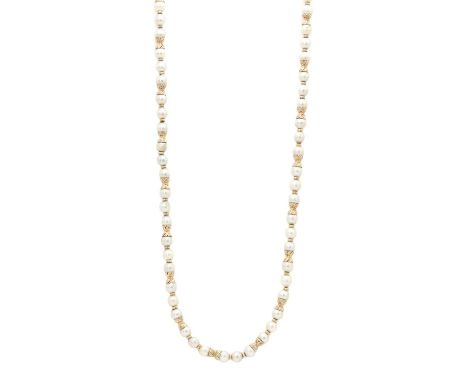 A single row uniform cultured pearl necklace, a row of uniform cultured pearls, approximately 6.40 to 6.50mm, with gold ronde