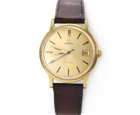A gold plated Omega mechanical strap watch, 35mm diameter, with a gilt dial, baton hour markers, date aperture at '3' and cen
