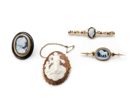 Four cameo brooches, comprising a 9ct gold mounted shell cameo brooch, depicting Venus and Cupid, Birmingham 1969, a 9ct gold