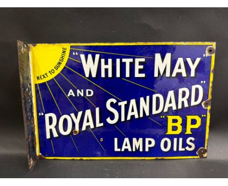 A White May and Royal Standard BP Lamp Oils double sided enamel sign with hanging flange, 18 x 12".