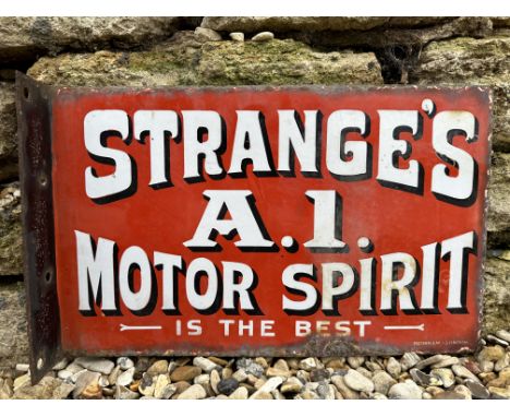 A rare Strange's A1 Motor Spirit 'Is the Best' double sided enamel sign with hanging flange, by Burnham of London, 16 x 10".