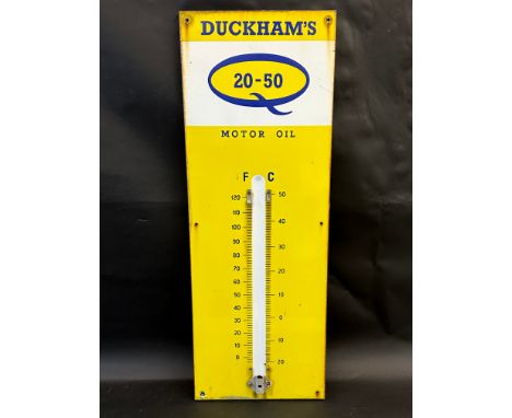 A Duckham's 20-50 Motor Oil enamel thermometer, lacking tube, 13 x 36". 