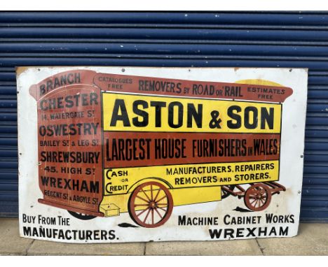 An early Aston &amp; Son Furnishers of Wrexham, Oswestry &amp; Shrewsbury pictorial enamel sign mounted on board, with some r
