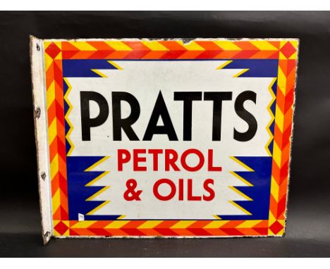 A Pratts Petrol &amp; Oils double sided enamel sign with hanging flange, of brightly coloured chevron design, 22 x 18". 