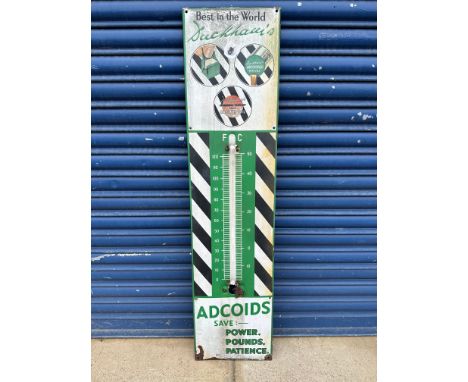 A Duckham's Adcoids enamel thermometer (lacking tube), 11 x 45".