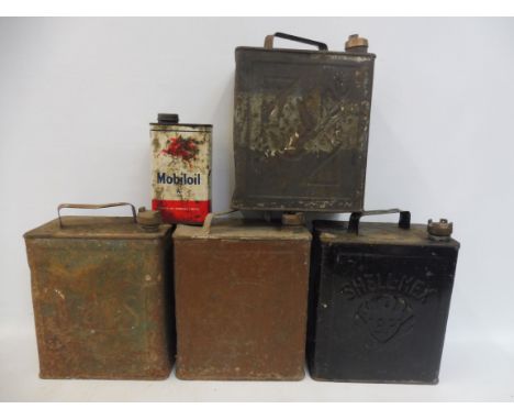 Four two gallon petrol cans including Redline, all with brass caps, plus a Mobil quart can.