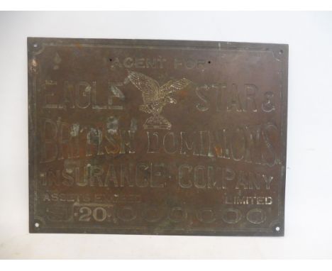 An Eagle Star &amp; British Dominions Insurance Company bronze plaque 'Assets exceed £20,000,000', 12 x 9".