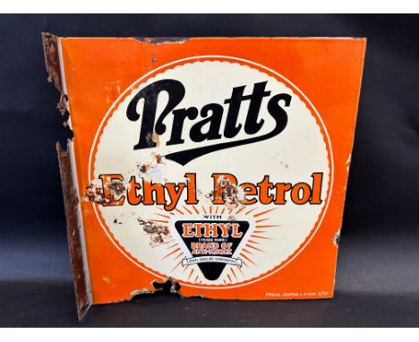A Pratts Ethyl Petrol double sided enamel sign with hanging flange by Stocal, dated November '27, 16 x 16".