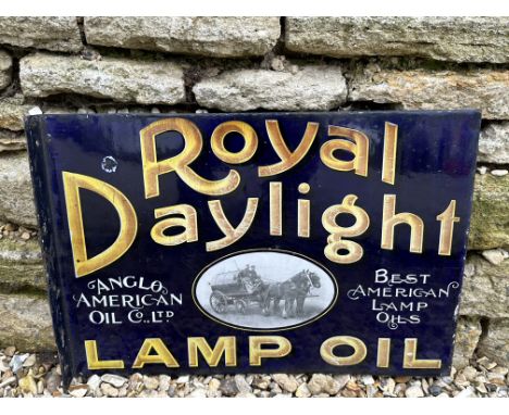 A Royal Daylight Lamp Oil AAOC pictorial double sided enamel sign with hanging flange by Imperial, excellent condition, 21 x 