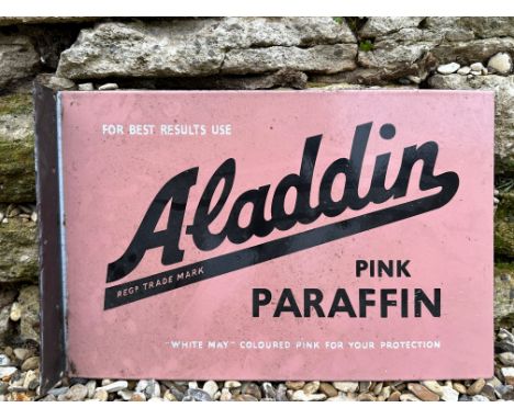 An Aladdin Pink Paraffin double sided enamel sign with hanging flange, good condition, 18 x 12".