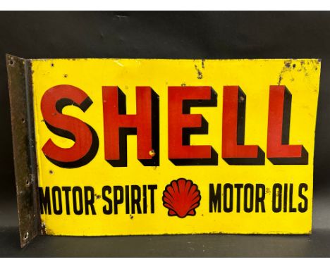 A Shell Motor Spirit and Motor Oils double sided enamel sign with hanging flange, 24 x 15".