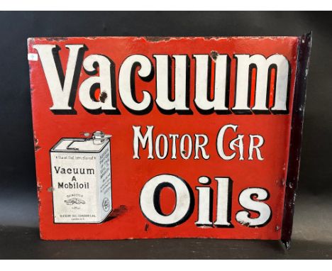 An early Vacuum Motor Car Oils double sided enamel sign with hanging flange, by Protector, extensive restoration, 20 x 16".