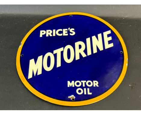 A Price's Motorine Motor Oil circular enamel sign with good gloss, 14" diameter.