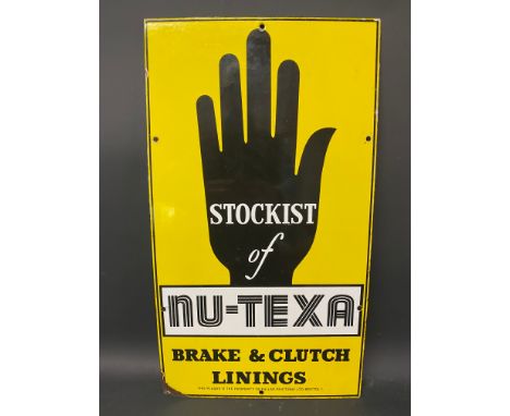 A Nu-Texa Brake &amp; Clutch Linings Stockist enamel sign, with bright gloss, 14 x 25".