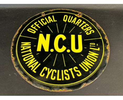A National Cyclists Union Ltd. (N.C.U) Official Quarters circular double sided enamel sign, with good gloss, 18" diameter.