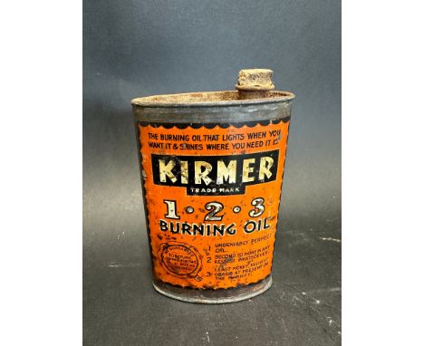 A Kirmer oval lamp burning oil tin.