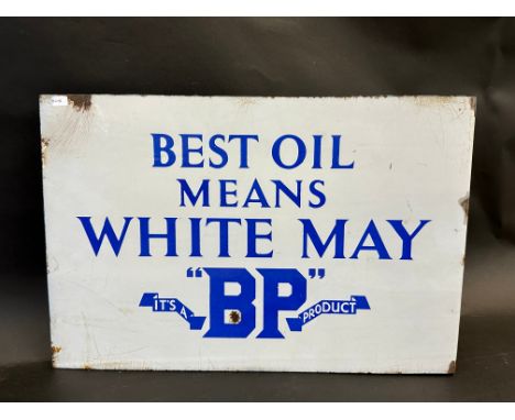 A BP White May Lamp Oil double sided enamel sign with hanging flange, 18 x 12". 