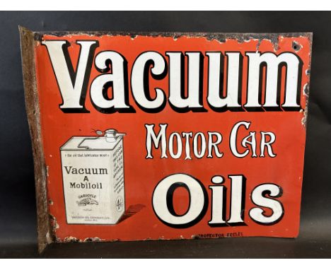 A Vacuum Motor Car Oils pictorial double sided enamel sign with hanging flange by Protector, some restoration on both sides, 