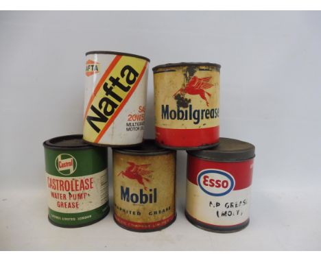 Five assorted grease tins including Mobil and Esso.