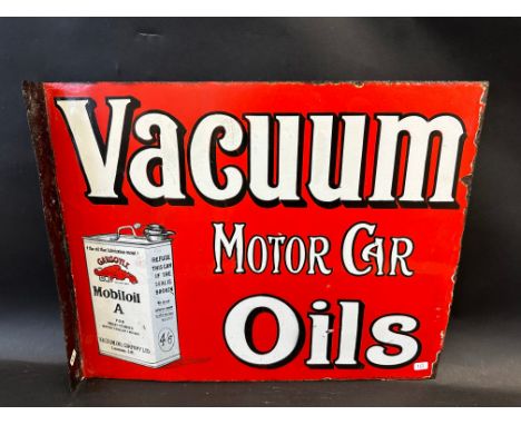 An early Vacuum Motor Car Oils double sided enamel sign with hanging flange, by Wildman and Meguyer Limited, some restoration