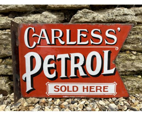 A rare Carless Petrol Sold Here double sided pennant enamel sign by Patent, with hanging flange, excellent condition, 18 x 12