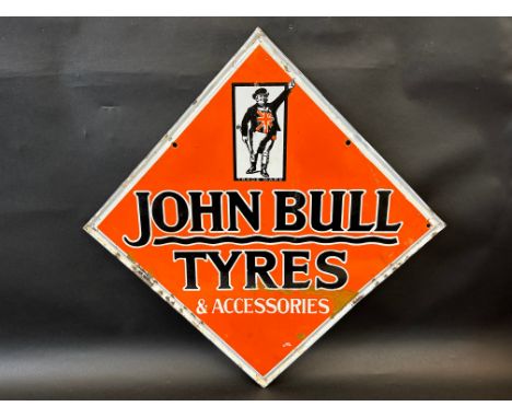 A John Bull Tyres lozenge shaped double sided enamel sign, 22 x 22".
