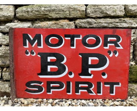 A BP Motor Spirit rectangular double sided enamel sign with hanging flange, by Bruton of Palmers Green, 24 x 15".