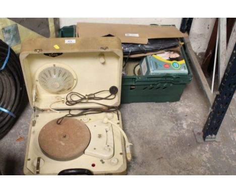 A VINTAGE RECORD PLAYER TOGETHER WITH A BOX OF RADIOS