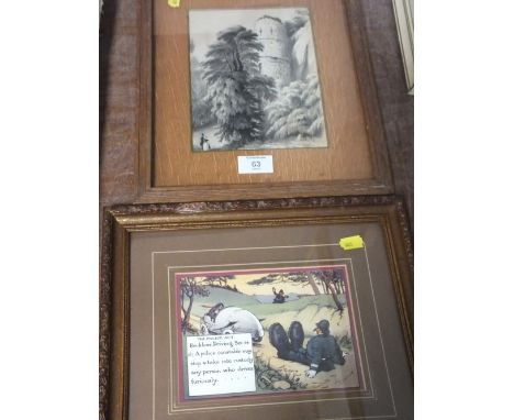 A FRAMED &amp; GLAZED PENCIL SKETCH TOGETHER WITH A NOVELTY PRINT (2)