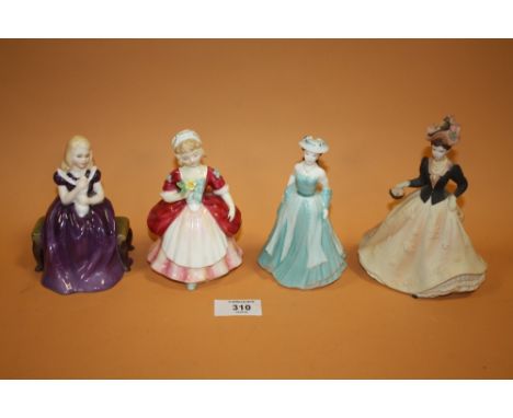 A COLLECTION OF THREE CERAMIC FIGURES AND ANOTHER TO INCLUDE ROYAL DOULTON, COALPORT ETC
