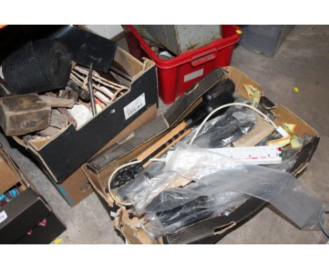 THREE TRAYS OF ASSORTED ITEMS TO INCLUDE - TOOLS, HAMMERS ETC