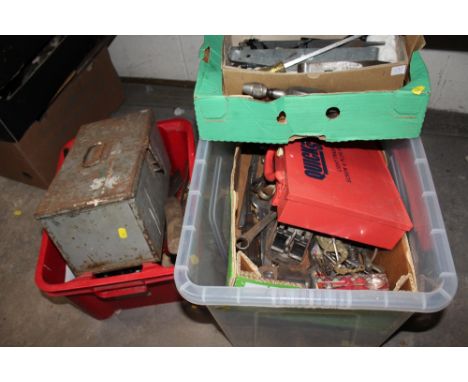 TWO BOXES OF ASSORTED TOOLS TO INCLUDE PLANES, SCREWDRIVERS AND TOOL BOX WITH CONTENTS